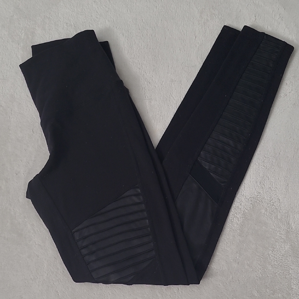 Alo Yoga Womens Moto Leggings Black High Waist Mesh Panel Faux Leather Detail S